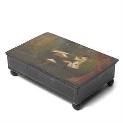19th century toleware stationary or wafer box, possibly German, with painted cover depicti...