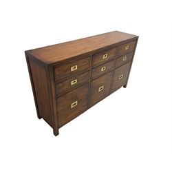 Cherrywood military style sideboard chest, fitted with nine drawers with recessed brass handles