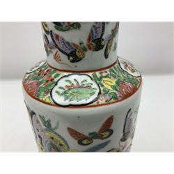 19th century Chinese Canton vase of slender baluster form, decorated with butterflies and floral panel to the neck, H30cm