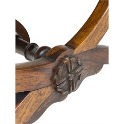20th century mahogany rectangular footstool, needlework upholstered drop-in seat, on ball and claw carved feet (W81cm, D35cm, H34cm); 19th century elm stool, needlework upholstered drop-in seat, on square moulded supports united by plain stretchers (W45cm); 19th century walnut stool, shaped top upholstered in needlework, on cabriole supports (W50cm); 19th century rosewood stool, upholstered drop-in seat, on curved x-framed supports united by turned stretcher (W47cm)