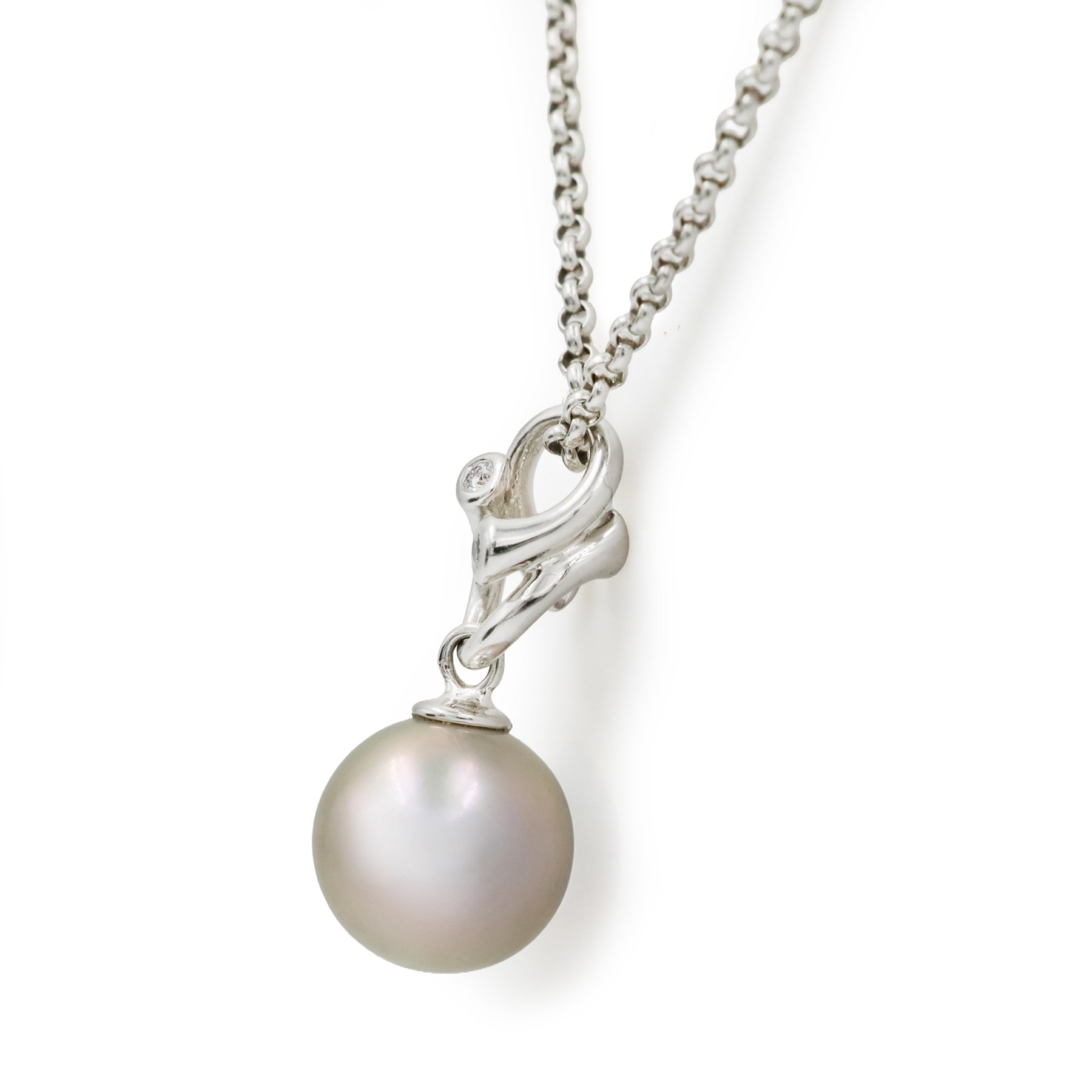 Georg Jensen Magic 18ct white gold pearl and diamond pendant necklace, grey cultured pearl with diamond set bail, on a white gold belcher link chain necklace, stamped 750, boxed
