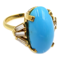  18ct gold (tested) oval turquoise and diamond ring, with tapering baguette diamond shoulders  