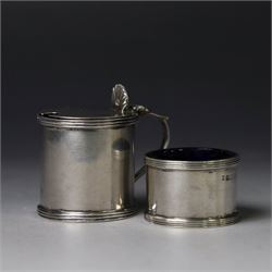 1920s silver two piece cruet set, comprising mustard pot and open salt, of plain cylindric...