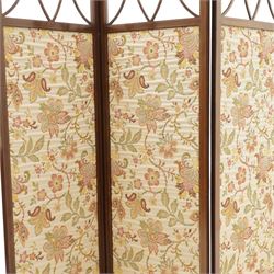 Edwardian inlaid mahogany three-fold screen, each panel with shaped cresting and satinwood line inlaid frame, with intersecting astragal bars, lower panels upholstered in floral fabric, hinged folding action on brass hinges