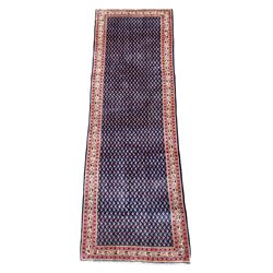 Persian Araak runner rug, the blue field decorated with repeating boteh motifs, repeating border with stylised and geometric design