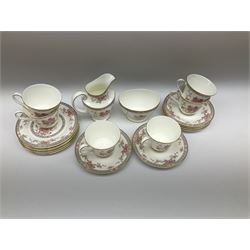 Wedgwood Queens Ware tea and dinner wares in Provence pattern, including ten cups and saucers, milk jug, butter dish with cover, ten dinner plates, ten bowls and ten side plates etc (71), together with Royal Doulton tea wares in Canton pattern, comprising six cups and saucers, milk jug, open sucrier and six dessert plates.    