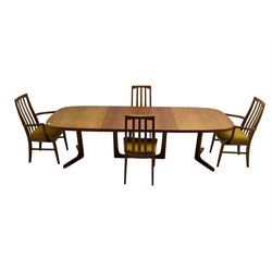 Oluf Theodore Larsen for NMB - mid-20th century teak extending dining table with two additional leaves, on splayed supports (261cm x 95cm x 73cm), and set four (2+2) mid-20th century teak dining chairs with high vertical slatted back on tapered supports (54cm x 51cm x 99cm)
