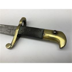 British 1855 pattern 'Sappers & Miners' Lancaster sword bayonet as issued to Medical Corps, the 62cm steel blade marked S&K with various numbers; in brass mounted leather scabbard numbered 1176