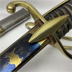 Early 19th century French Lancers officer's sword c1810, the 84cm curving fullered blade retaining most of its bluing, gilding and engraved decoration, inscribed I.S.& C. to ricasso (for Schimelbusch), brass three-bar hilt with elongated elliptical langets and wire-bound leather grip; in polished steel scabbard with two brass suspension rings L100cm overall