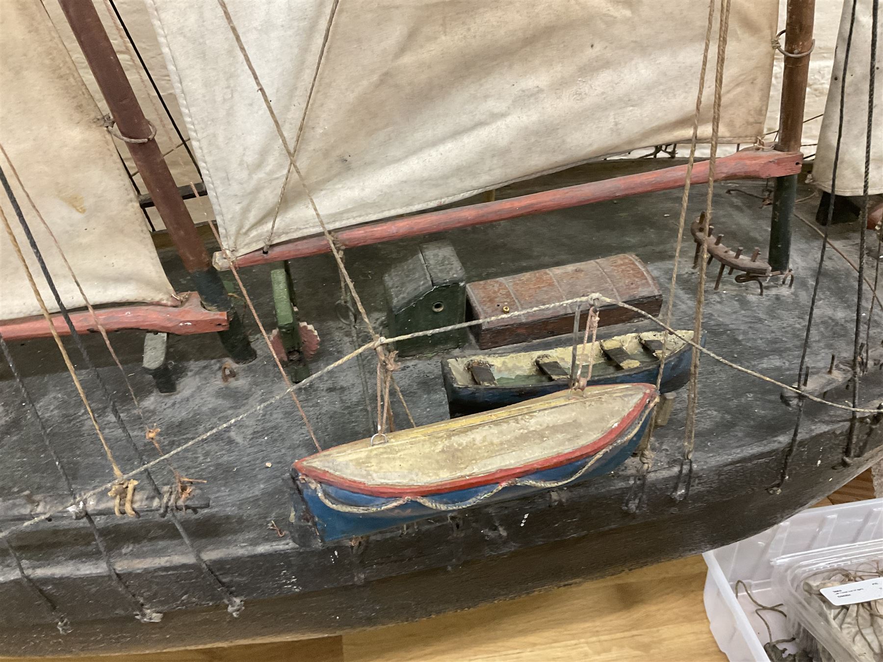 Late Victorian scratch built model of 18th century ship in full sail with the name Ann & Mary painted to the hull, upon a wooden stand, H128cm