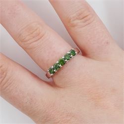 18ct white gold five stone, round brilliant fancy green diamond ring, hallmarked, total diamond weight approx 0.55 carat