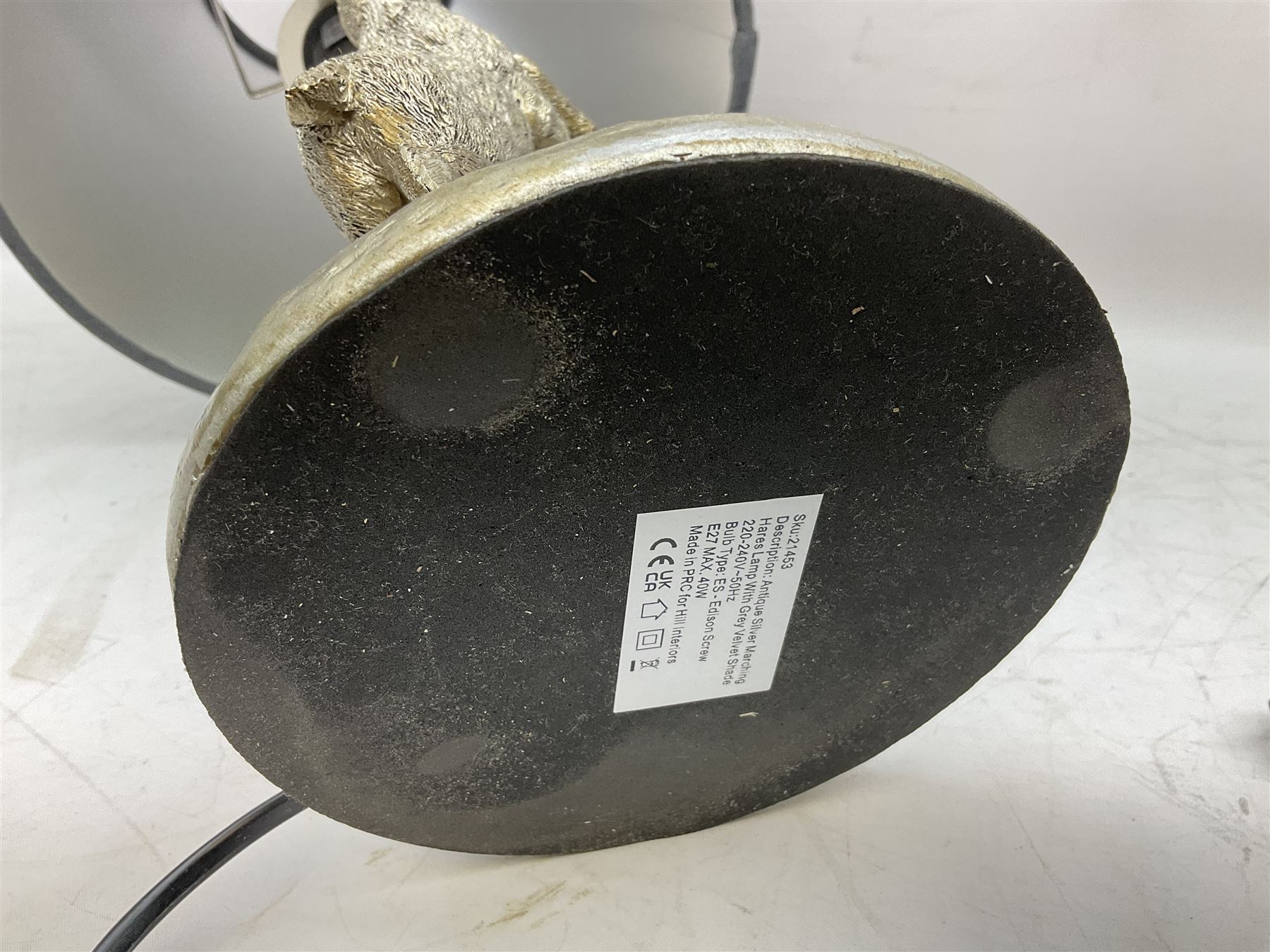 Silver composite table lamp, modelled as a pair of boxing hares, with a grey velvet shade, H45cm