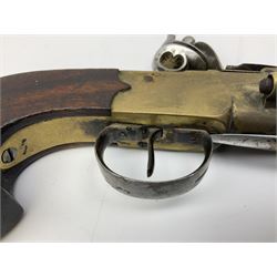 Scratch-built non-firing copy of a brass 'blunderbuss' flintlock pistol, approximately 12-bore, the 14cm cannon barrel with trigger guard operated bayonet under and side fitting ramrod, top thumb safety and oak stock; replica proof marks L26cm overall