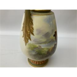 Early 20th century Royal Worcester vase decorated by Harry Davis, of ovoid form with twin acanthus mounted handles and waisted high neck supporting a domed cover, upon a circular foot, the body hand painted with sheep in a highland landscape, signed H Davis, with puce printed marks beneath including shape number 2425, and date code for 1907, H27.5cm