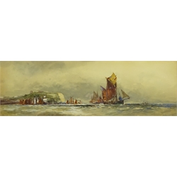  Frank Henry Mason (Staithes Group 1875-1965): The Herring Fleet in the South Bay Scarborough, watercolour signed 16cm x 48cm  DDS - Artist's resale rights may apply to this lot  