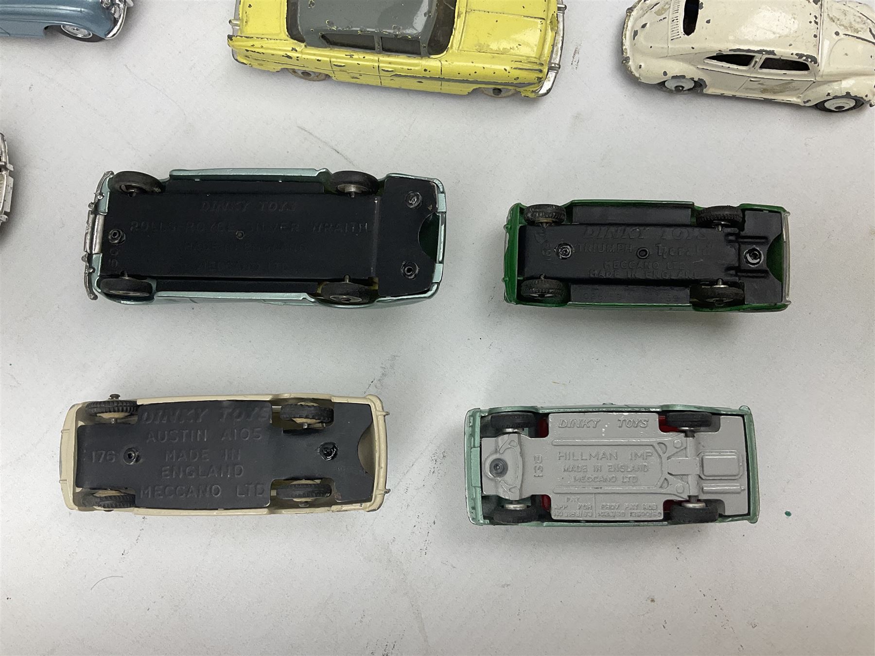 Dinky - thirteen unboxed and playworn/repainted early die-cast cars including Packard No.132, Austin A105 No.176, Rolls-Royce Silver Wraith No.150, Triumph Herald, Hillman Imp No.138, Rolls-Royce Phantom V No.198, Jaguar 'E' Type 2+2 No.131, Chevrolet El Camino No.449, French Panhard 24 No.524, Hudson Hornet No.174 etc; and Matchbox Dinky 1955 Bentley 'R' Type Continental (14)