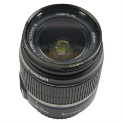 Four Canon camera lenses, comprising EF 50mm 1:1.8 lens serial no. 70896512, boxed, two zoom EF-S 18-55mm 1:3.5-5.6 IS lenses serial nos. 2040537810 and 6462009965 and an EF-S 55-250mm 1:4-5.6 lens serial no. 67007517