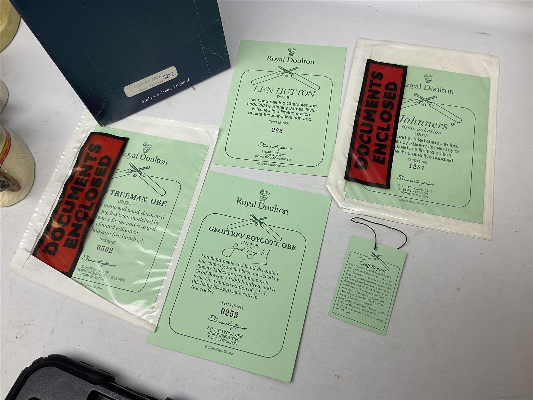 Royal Doulton limited edition figure of Geoffrey Boycott O.B.E, HN3890, no 253/8114, together with four Royal Doulton limited edition character jugs of cricket interest, comprising The Hampshire Cricketer D 6739, no 3903/5000, Freddie Trueman O.B.E, D 7090, no 502/9500, Brian Johnners Johnston, D 7018, no 1281/9500 and Len Hutton D 6945 no 263/9500, four with certificates, one with box