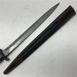 British Pattern 1888 knife bayonet, the 30cm double edged blade by Sanderson with central raised medial ridge and various marks to the ricasso including date code 12 98; in leather covered scabbard with various stamped marks L44cm overall