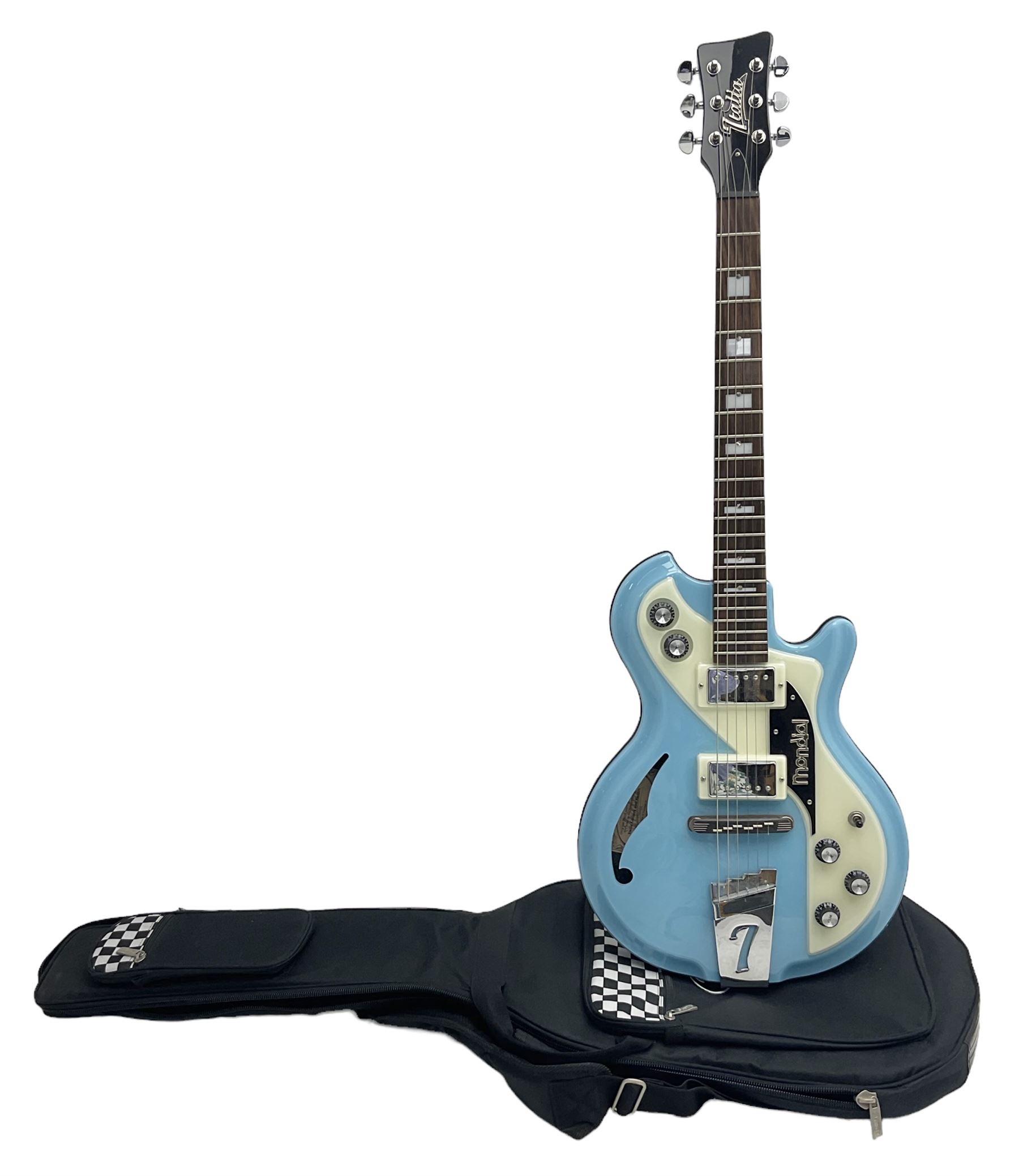 Italia Mondial electric guitar in blue with independent pick-ups, serial no.150066 L100cm; in original Italia carrying case 