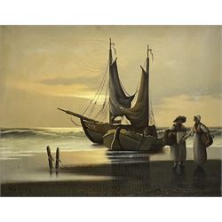 Continental School (20th century): Beached Fishing Boats and figures, oil on canvas signed Martens 40cm x 50cm
