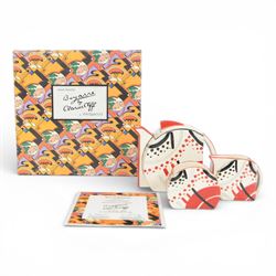 Wedgwood Bizarre by Clarice Cliff, Carpet three piece teaset, hand painted based upon an original, limited edition 213/250, with certificate and box