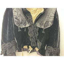 Victorian three piece mourning dress, with lace trim and jet beading, including velvet coat with satin collar panels and cuffs, the nipped waist with boning and slight flared peplum, heavily embellished beaded high neck collar, and ladies embroidered silk lined purse with gilt handle, mount and clasp