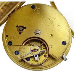 Victorian 18ct gold open face lever fusee presentation pocket watch, No. 71815, gilt dial with Roman numerals, back case with engine turned decoration and cartouche, Chester 1866