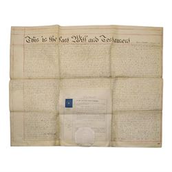 York interest - collection of 18th and 19th century vellum indentures, wills, probate documents and related papers concerning central York properties, streets and residents, including Micklegate, The Shambles, Bootham, Fishergate, Walmgate, Monkgate and Goodramgate, with probate of John Ealand, formerly of The Shambles, York, butcher, later of Swan Street, Nunnery Lane, probate of Roger Iddison of No.8 Portland Street, York, auctioneer, probate of Eliza Nottingham of Bootham Asylum, formerly of St Paul’s Square, together with documents relating to butchers, farmers, tradespeople and York families, many retaining original seals and stamps, in one box