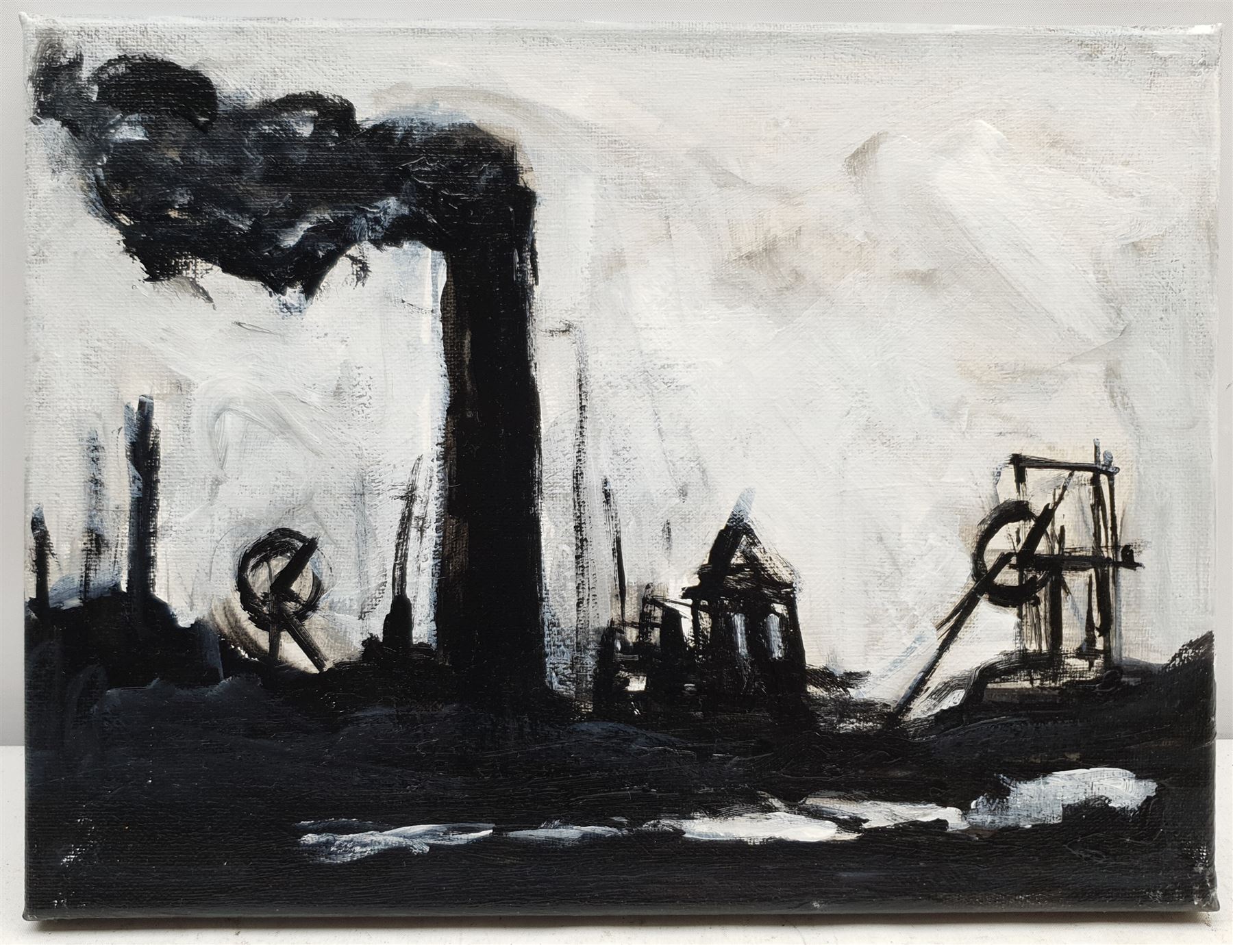 Neil Ferguson (Northern British Contemporary): 'Industrial Landscape', oil and acrylic on canvas, signed and titled verso 23cm x 30cm
