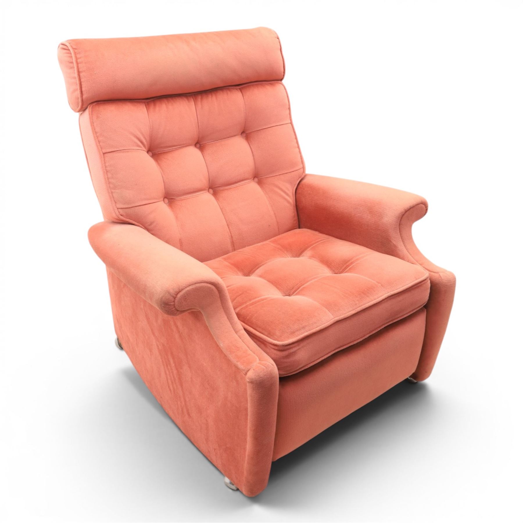 Parker Knoll - mid-century armchair suite, 'Model N30' recliner armchair with headrest and deep buttoned seat and back raised on castors, a wide armchair with deep button back and seat raised on castors, a wingback chair with flared scrolled arms, raised on cabriole supports