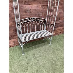 Regency design wrought metal arch and bench, decorated with arched gothic window design, strap seat and straight supports, in teal finish - THIS LOT IS TO BE COLLECTED BY APPOINTMENT FROM DUGGLEBY STORAGE, GREAT HILL, EASTFIELD, SCARBOROUGH, YO11 3TX