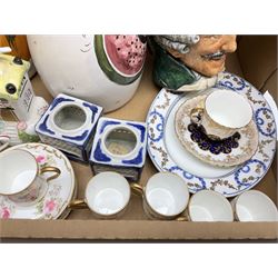 Assorted ceramics, to include Royal Doulton character jug, Coalport 'Dove Cote' pastille burner, tea and coffee wares, pair of Continental jugs, etc., in one box 