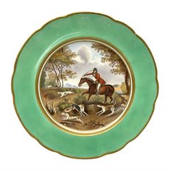 19th century porcelain cabinet plate, hand painted with central equestrian scene after Francis Calcraft Turner, 'Portrait of Jer.h Hawkins Esq.r with several favorite Hounds belonging to Co,,l Berkeley's Hunt. In the Act of Finding', within a gilt border, apple green band and gilt rim, with old collectors label verso, D26cm