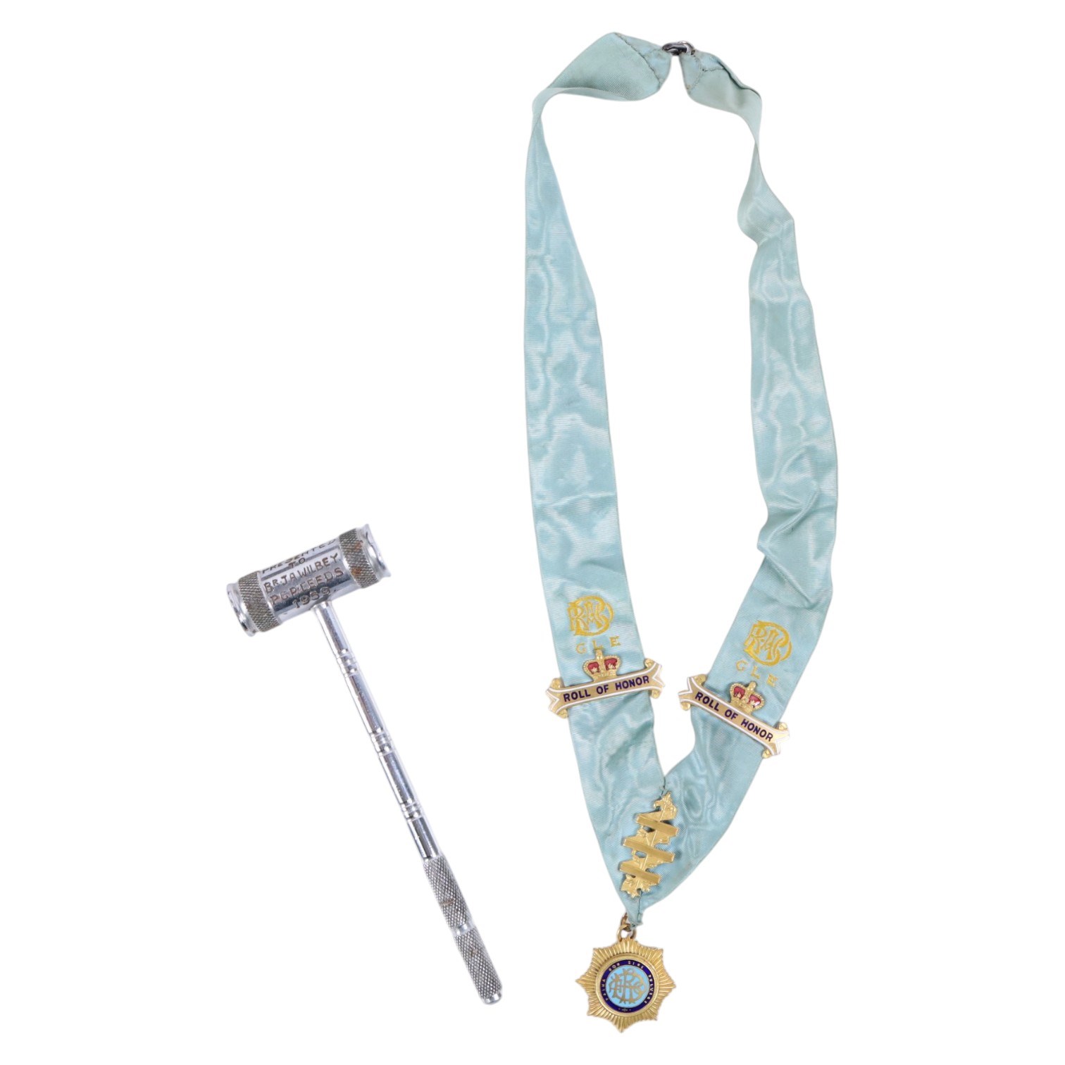 Masonic jewels, including six silver examples, hallmarked, with gavel, RAOB cuffs, apron and chain of office, in leather case with gilt initials