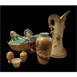 Royal Doulton Kew Gardens vase, signed J Price, together with a Royal Worcester blush ivory three piece cruet set, a Ernst Wahliss ewer, etc 