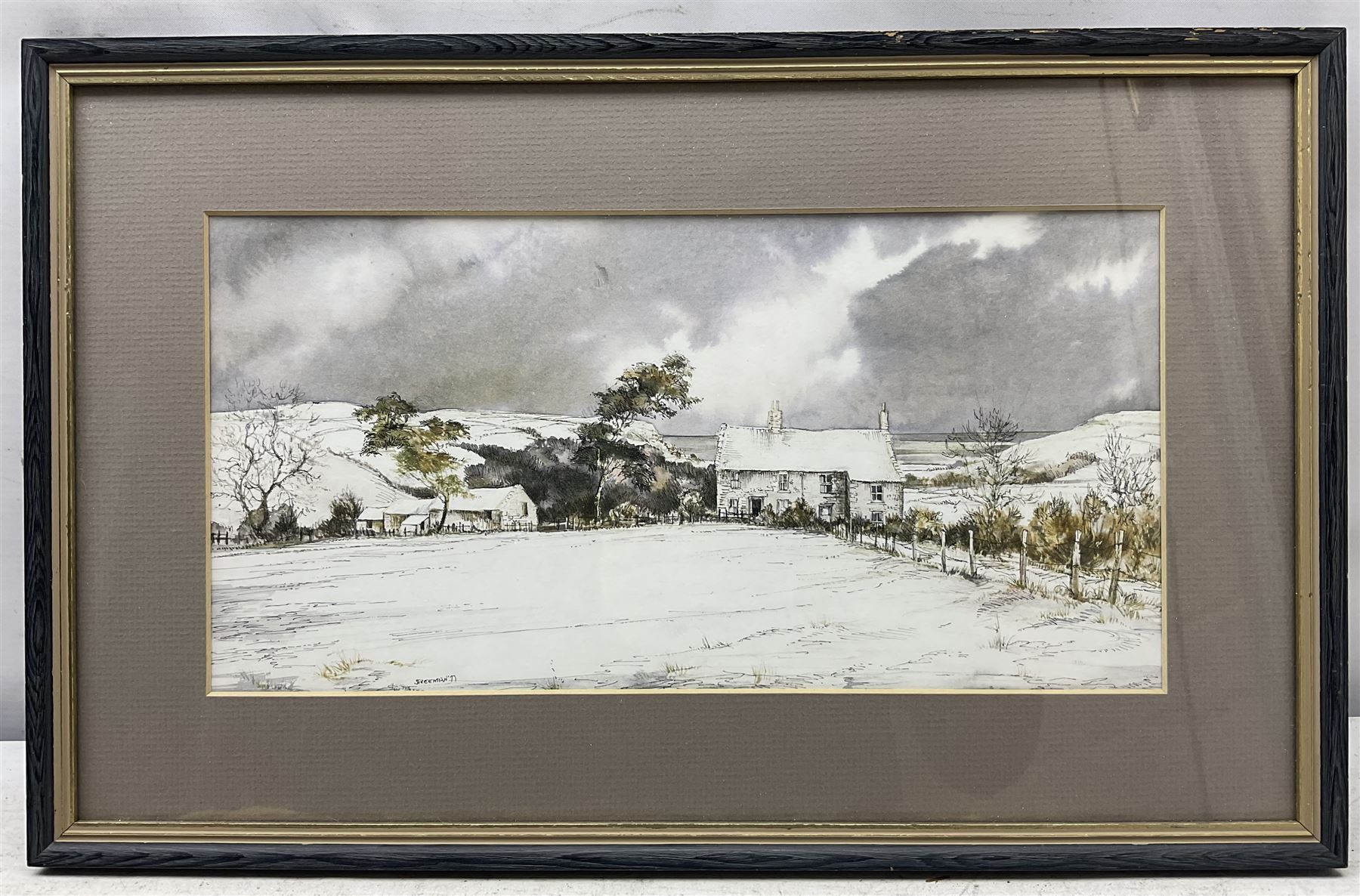 John Freeman (British 1942-): Snowy Landscapes, pair watercolours signed and dated ‘77, 17cm x 34cm (2)