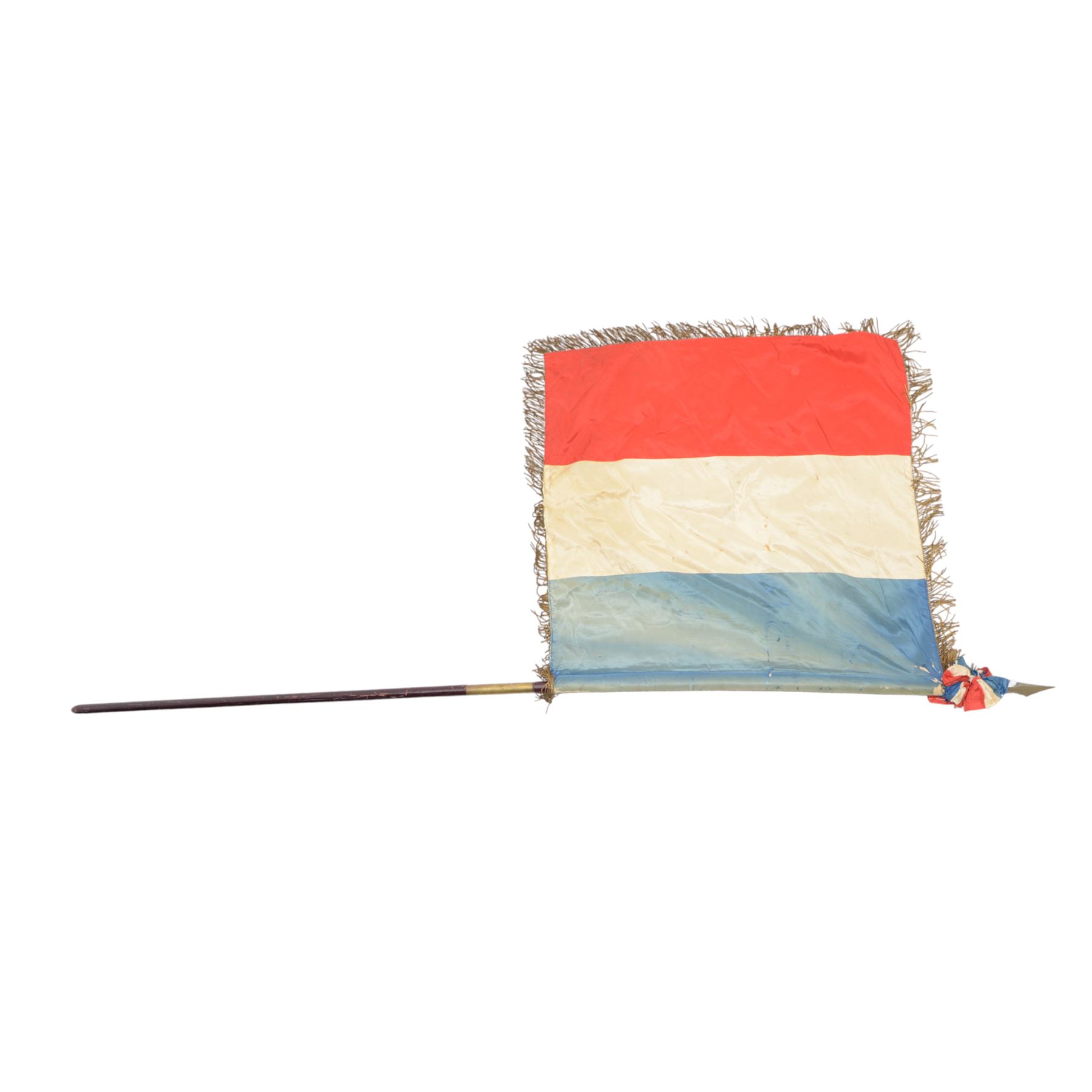 French Reserve of Non-commissioned officers association banner, in blue red and white silk with inscription 'Union Regional Des Sous-Officers De Reserve 17e Region' with bullion fringe borders, wood and brass pole with spearhead finial, L210cm
