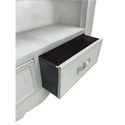 French style cream painted open bookcase with two drawers