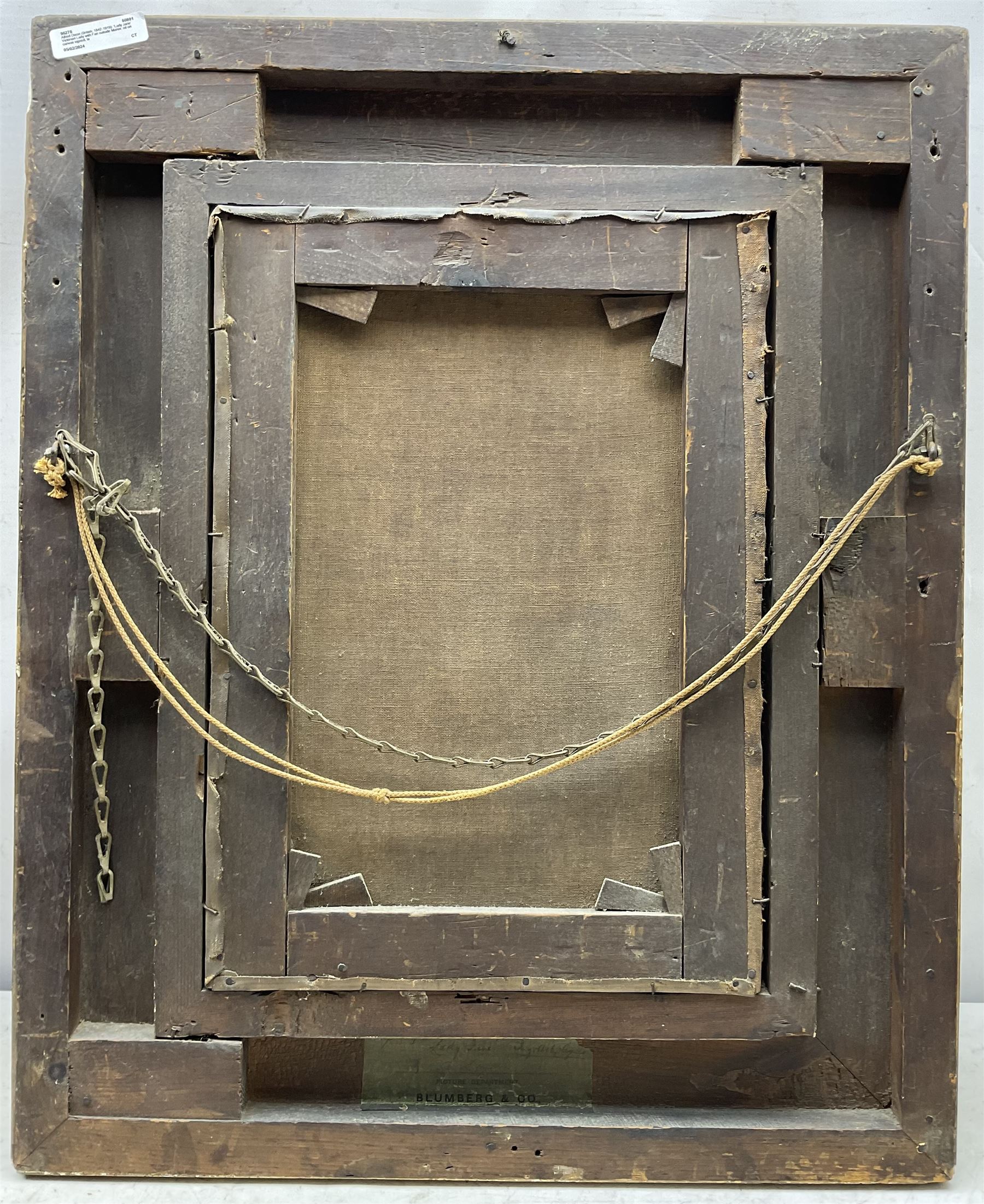 Alfred Dixon (British 1842-1919): 'Lady Jane' - Lady with Fan at the Foot of a Staircase, oil on canvas signed, titled on label verso 42cm x 30cm