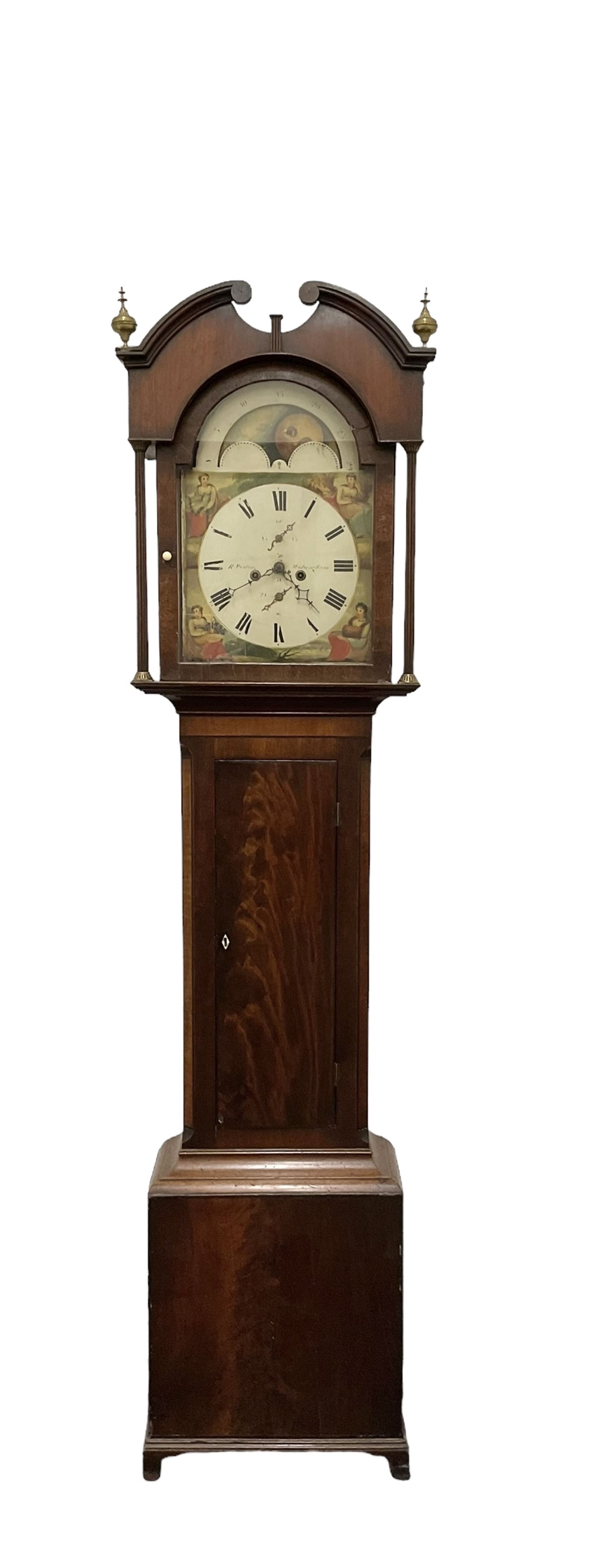 Ralph Weston (III) of Wolsingham (Co Durham)  -  Mahogany cased 30-hour Longcase clock, broken arch pediment with brass paterie and two ball and spire finials, break arch hood door flanked by reeded pilasters with brass capitals, trunk with canted corners and long flat topped door, rectangular plinth raised on bracket feet, painted dial with depictions of the four seasons to the spandrels and a working moon disc to the arch, with Roman numerals, dummy winding arbors, dummy seconds dial, calendar dial and steel hands, Dial pinned directly to a countwheel striking chain driven movement, with weight and pendulum.  
The Weston family of County Durham clockmakers were highly prolific family of North-Eastern clockmakers during the 18th and 19th century, Well known for producing many Thirty-Hour clocks with 