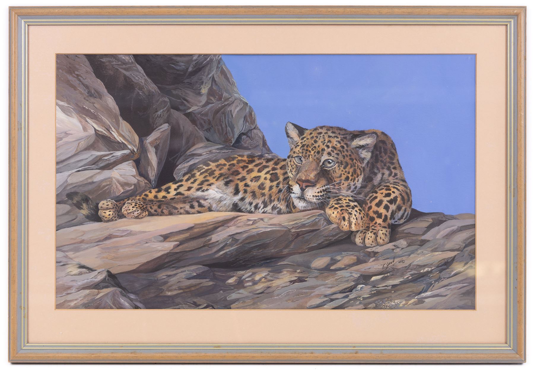 Elaine C Geall (British 1976-): 'African Leopard' and 'Patient Observer - Tawny Owl', acrylic on paper signed, titled verso 29cm x 48cm and 53cm x 35cm (2)