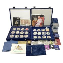 Mostly commemorative coins, including crowns, Queen Elizabeth II 2009 countdown to London 2012 five pound coin on card, 'The 2012 Diamond Jubilee' coin set in card folder, Cook Islands 2013 one dollar commemorating 'Coronation sixty years 1953 2013' etc