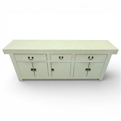 Large painted pine dresser sideboard, fitted with three drawers and five cupboards