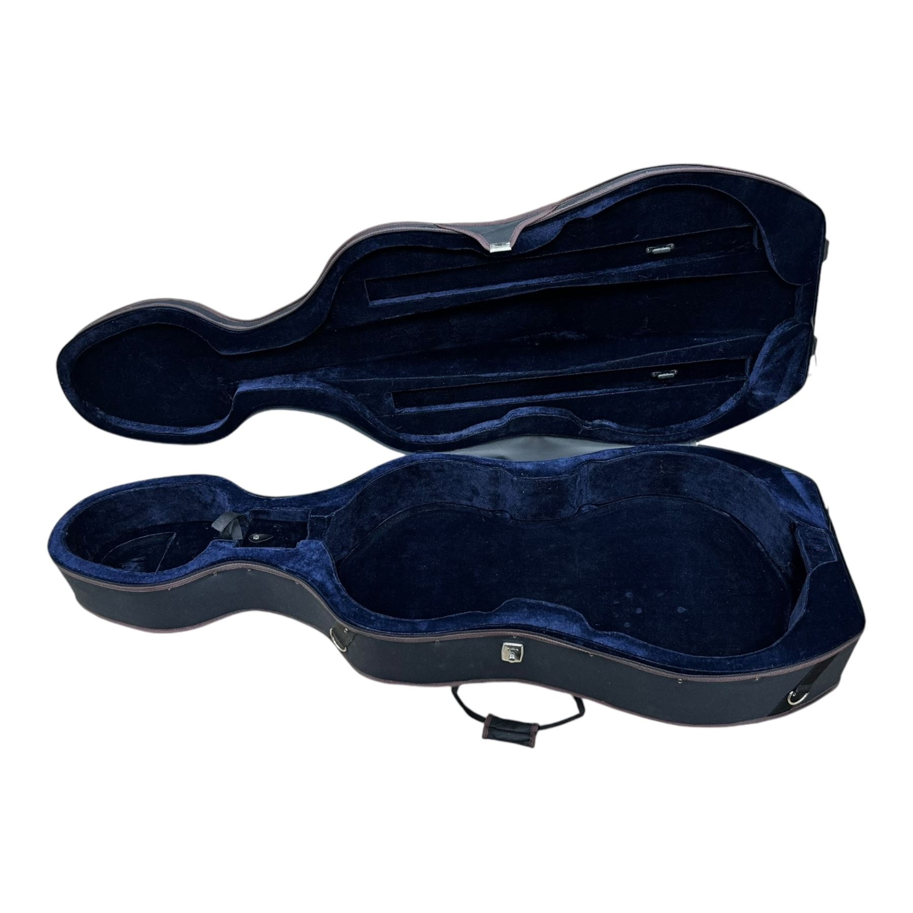Two full-size hard moulded cello cases, Gear 4 Music 1/4 violin and empty violin cases