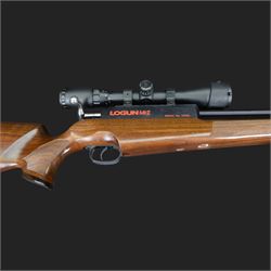 Logun MK2 22 Cal. air rifle, serial no 25885, with ASG fitted sight, bi-pod stand and fitted moderator  