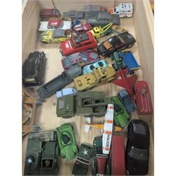 Collection of Matchbox Lesney and similar diecast model vehicles, including buses, lorries, cars, cranes, etc, all loose and playworn, in two wooden wine crates