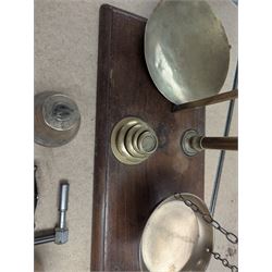 Avery Brass balance scales with weights on wooden plinth, Cannon grinding wheel, wheelwright's wooden traveller etc