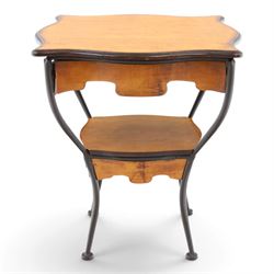 Art Nouveau style occasional table, serpentine shaped top with dark moulded edge, shaped a...