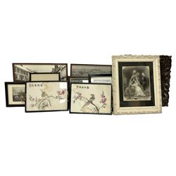 After E.I Roberts; 'General View if London, Two silk pictures of birds perched on branches, two prints of photos of Devon towns, framed mirror, photo frames  etc